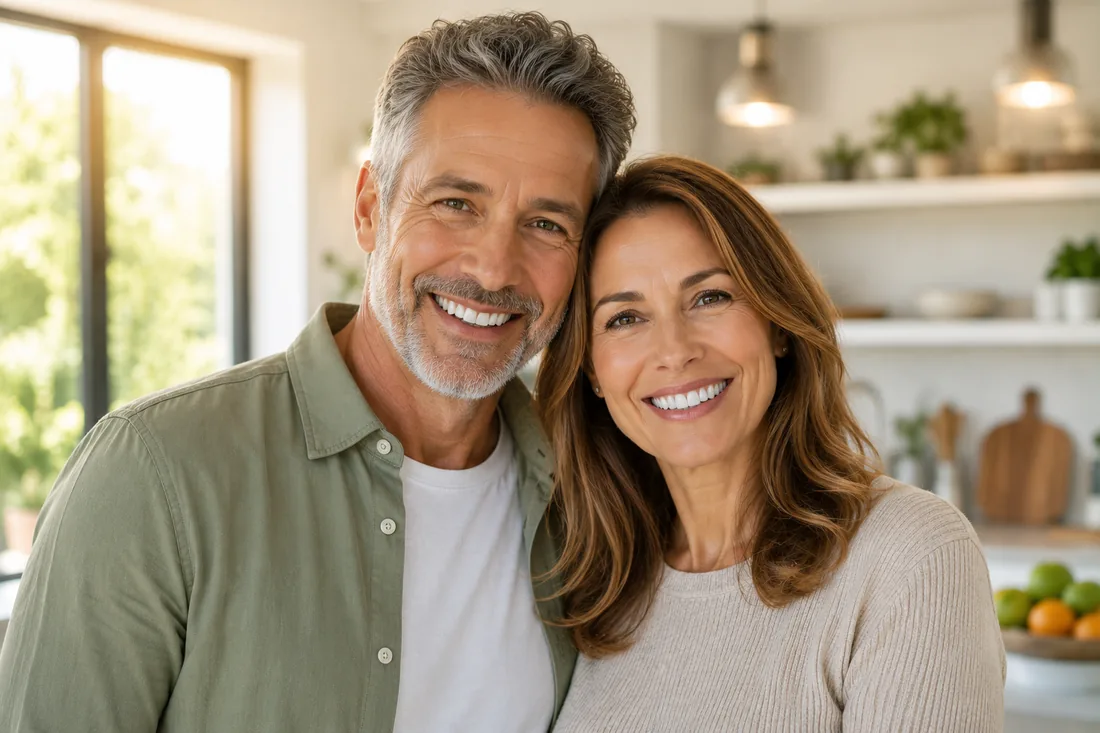 Smiling mature couple in a bright kitchen representing confidence and oral wellness support