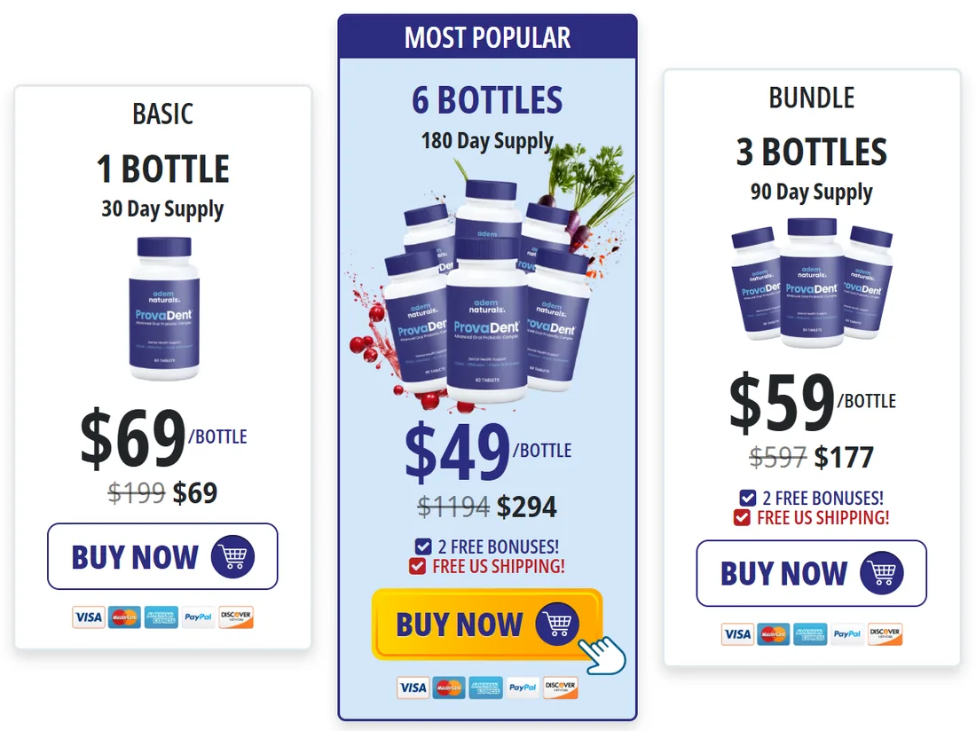 ProvaDent package options showing one bottle three bottles and six bottles best value