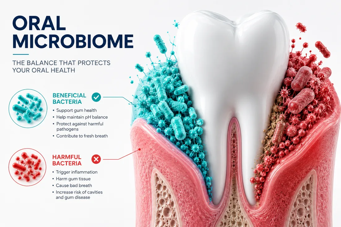 Medical infographic explaining beneficial and harmful bacteria in the oral microbiome