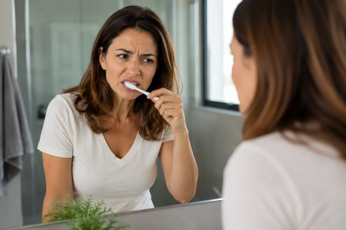 Person brushing teeth in the mirror with a frustrated expression