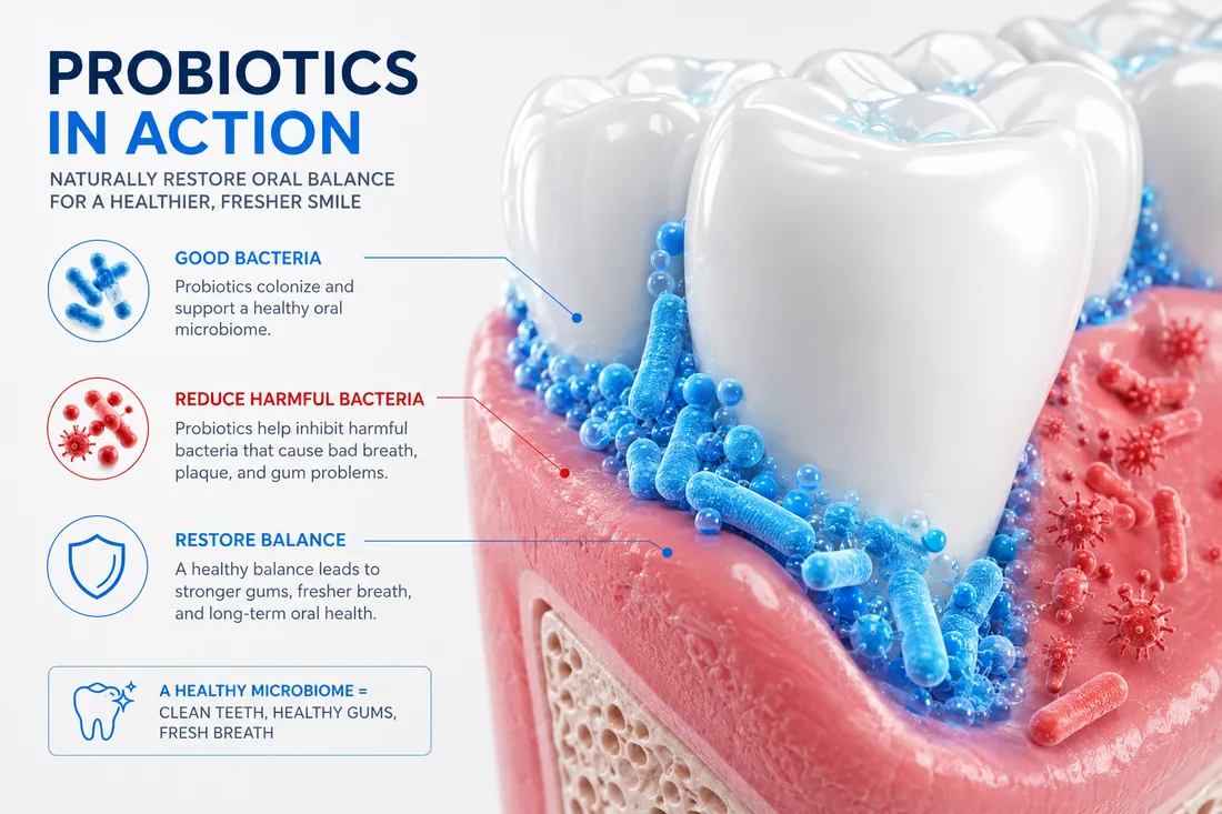 3D medical infographic showing probiotics supporting oral microbiome balance