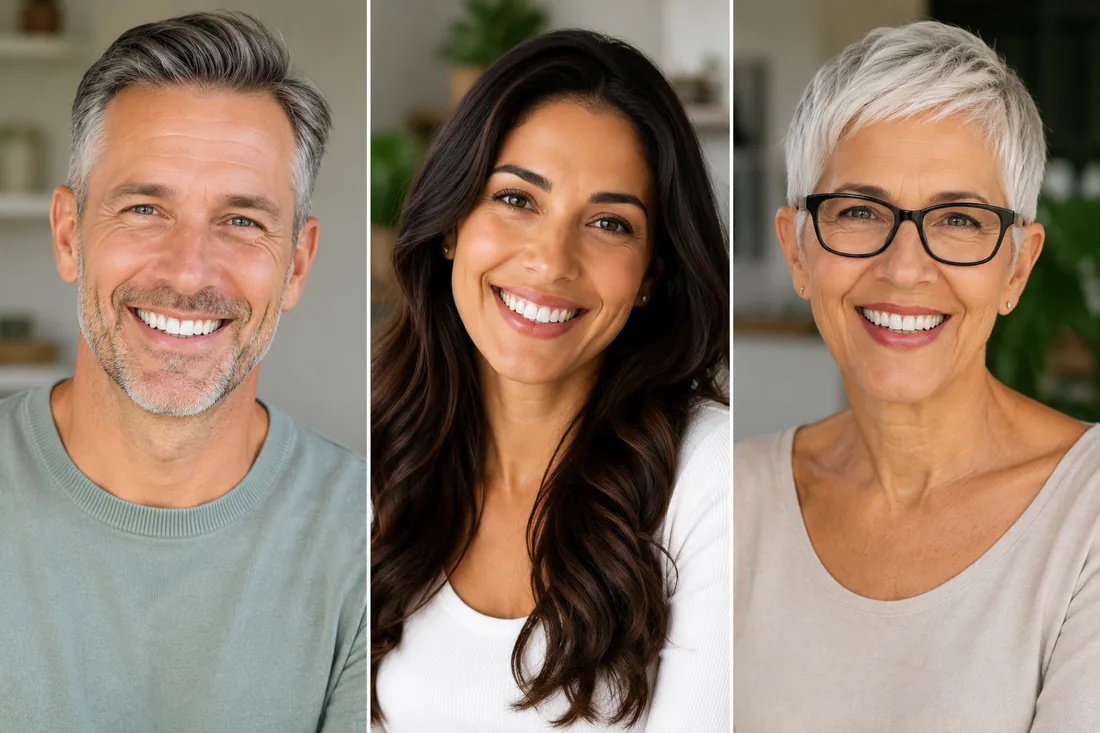 Three smiling adults representing testimonial experiences for oral wellness support